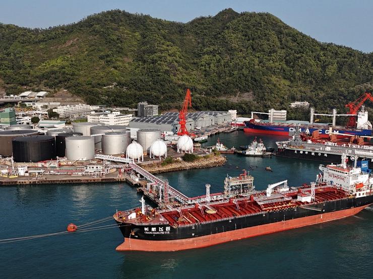 A drone view shows a Chinese-flagged oil tanker