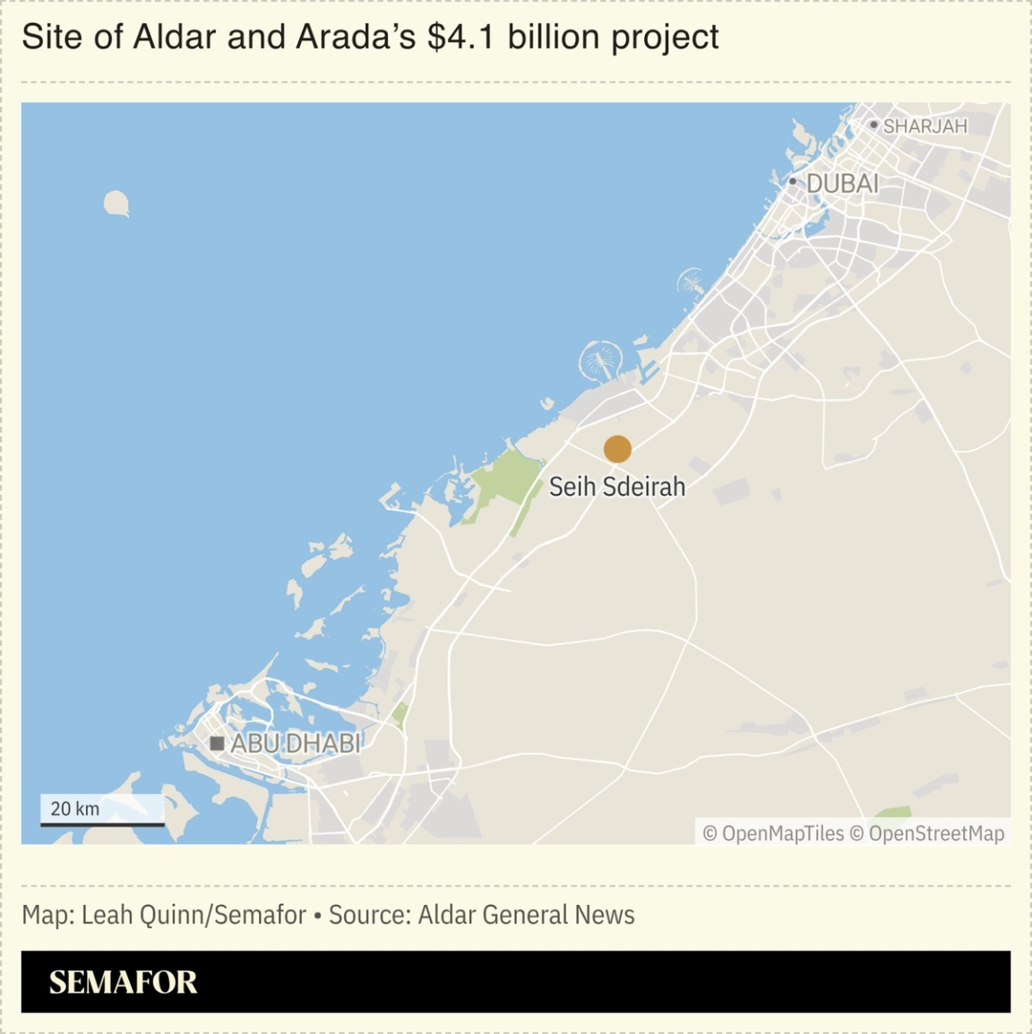 Map showing development between Abu Dhabi and Dubai.