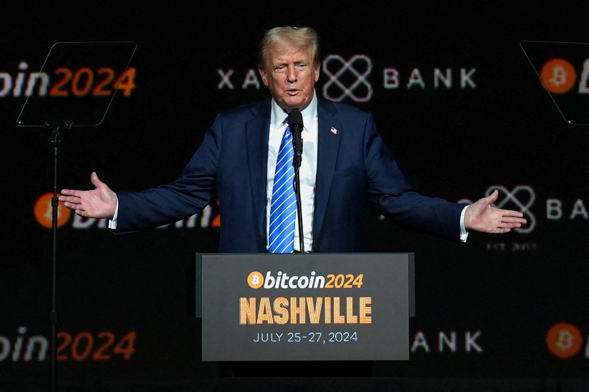 Donald Trump gestures at the Bitcoin 2024 event in Nashville, Tennessee.