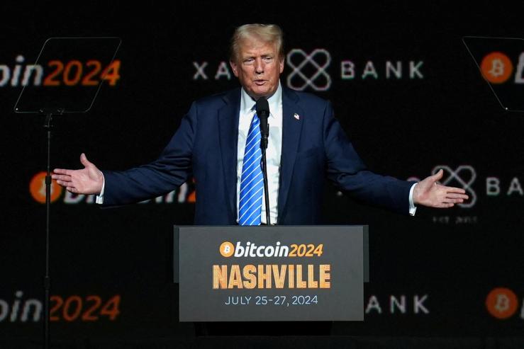 Donald Trump gestures at the Bitcoin 2024 event in Nashville, Tennessee.