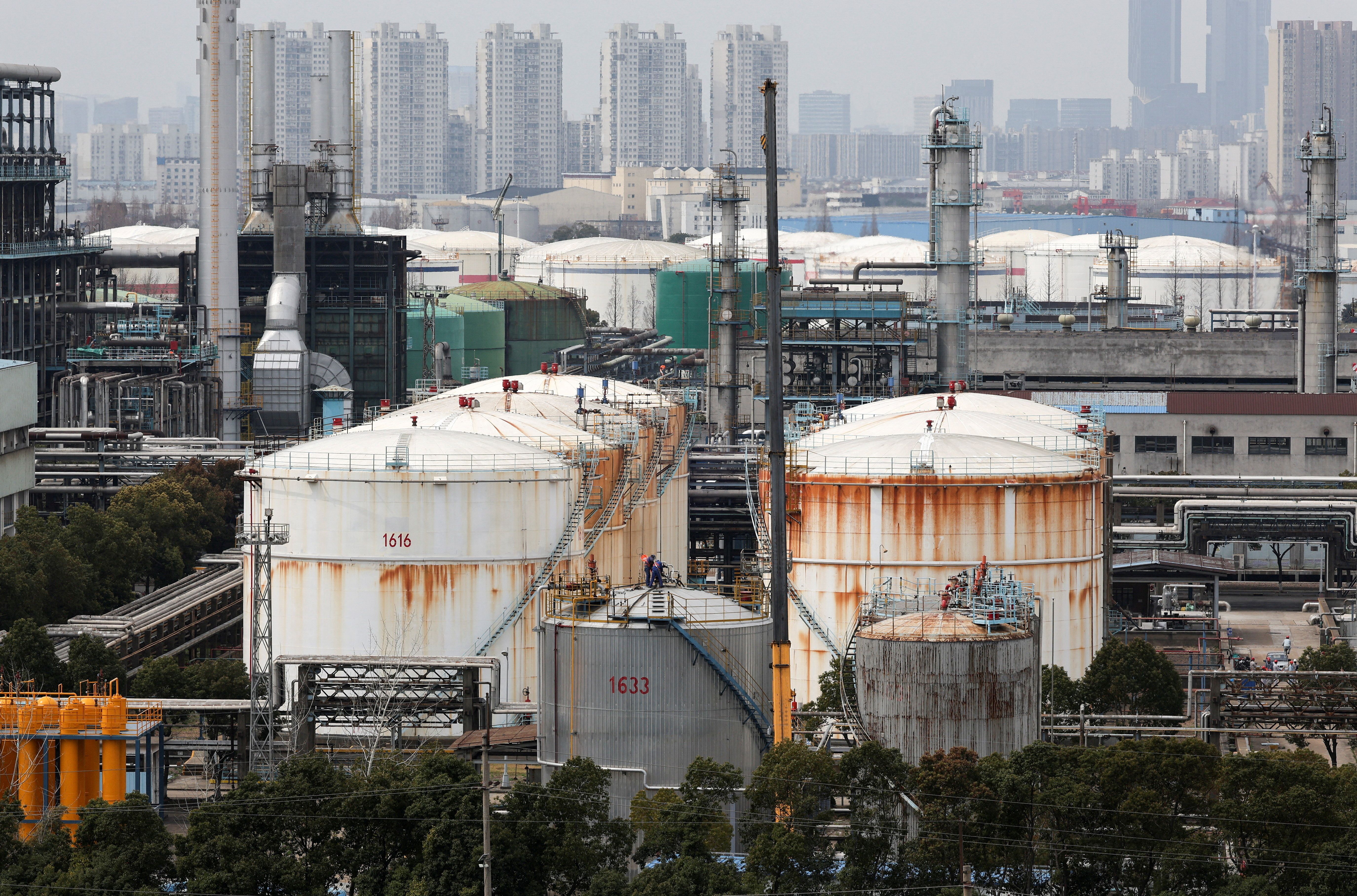 Oil storage tanks and facilities of a Sinopec plant in Shanghai.