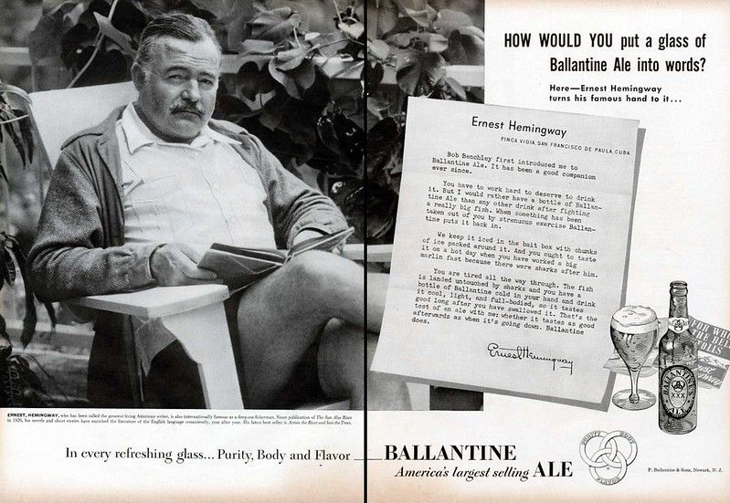 Ernest Hemingway sits for an ad for Ballantine Ale in 1951.