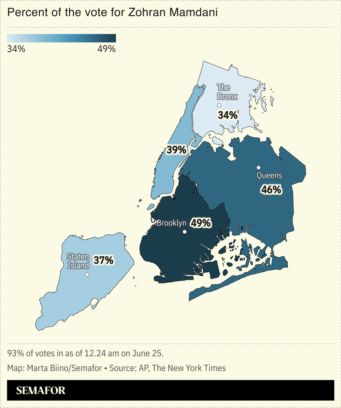 A map showing the votes for Zohran Mamdani in New York City’s mayoral primary.