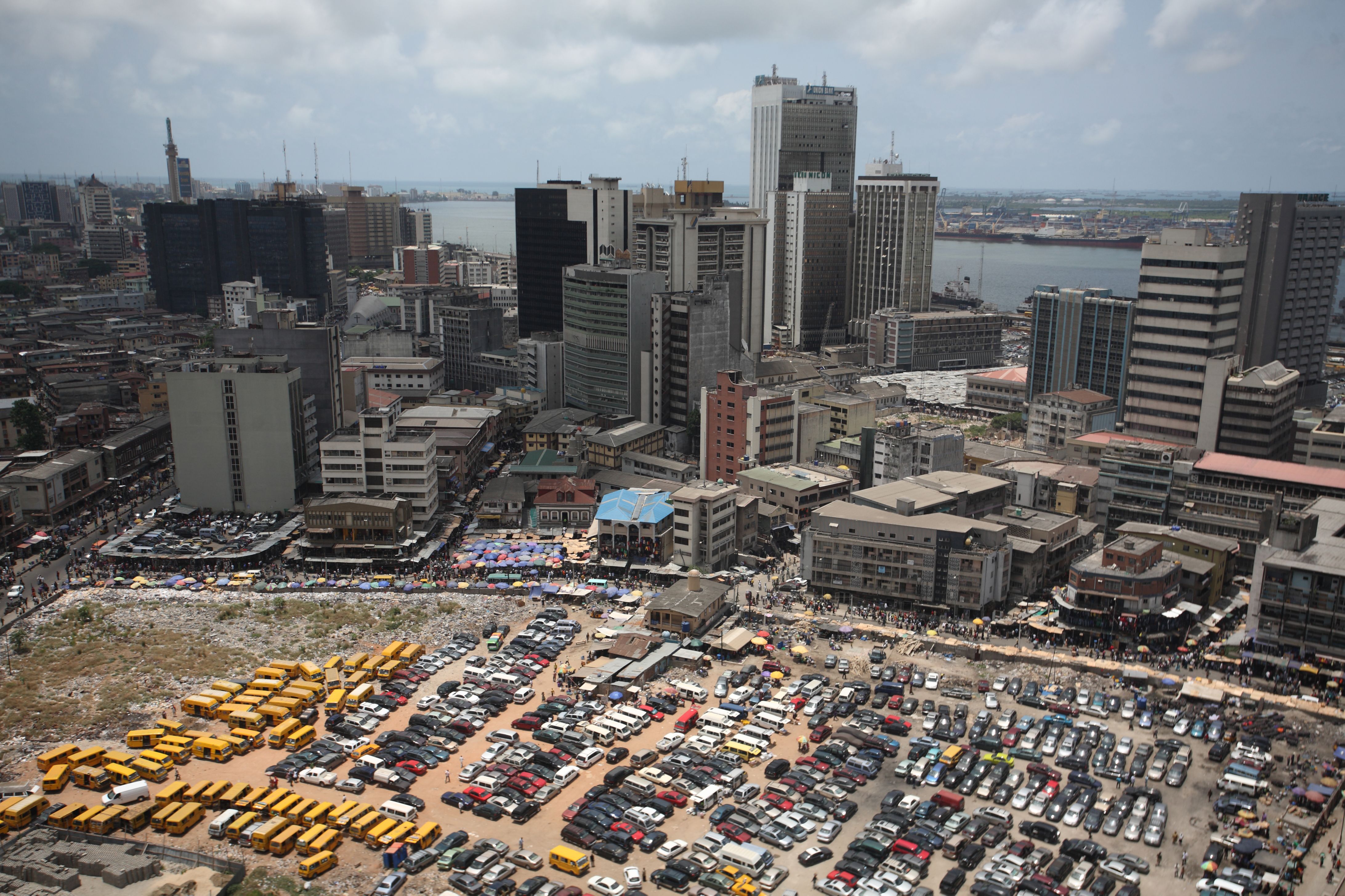 An aerial view shows the central business district in Nigeria’s commercial capital of Lagos.