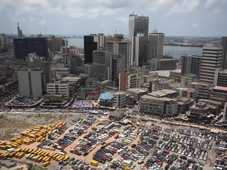 An aerial view shows the central business district in Nigeria’s commercial capital of Lagos.