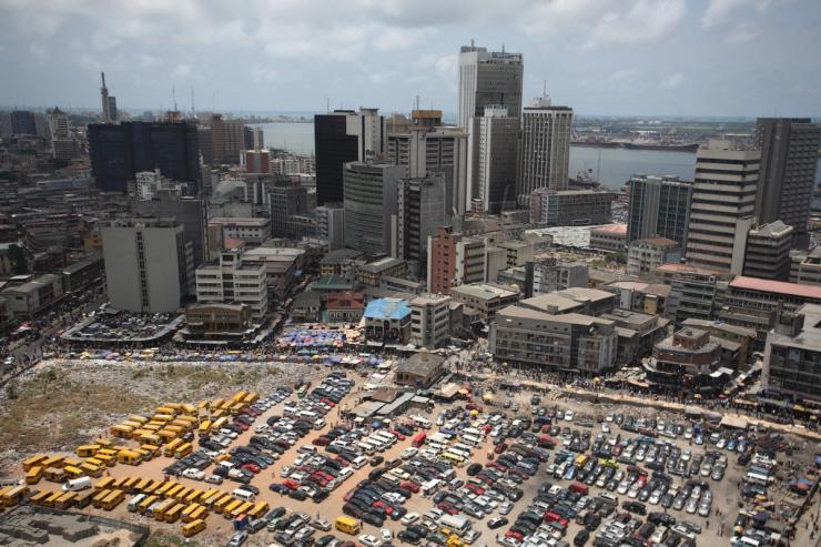An aerial view shows the central business district in Nigeria’s commercial capital of Lagos.
