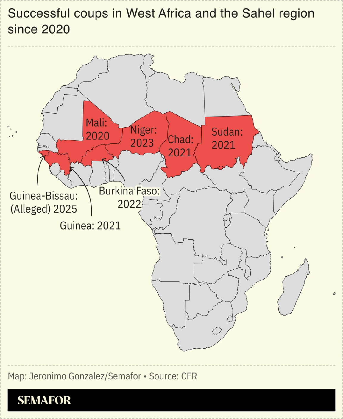 A map showing successful coups in West Africa and the Sahel since 2020.