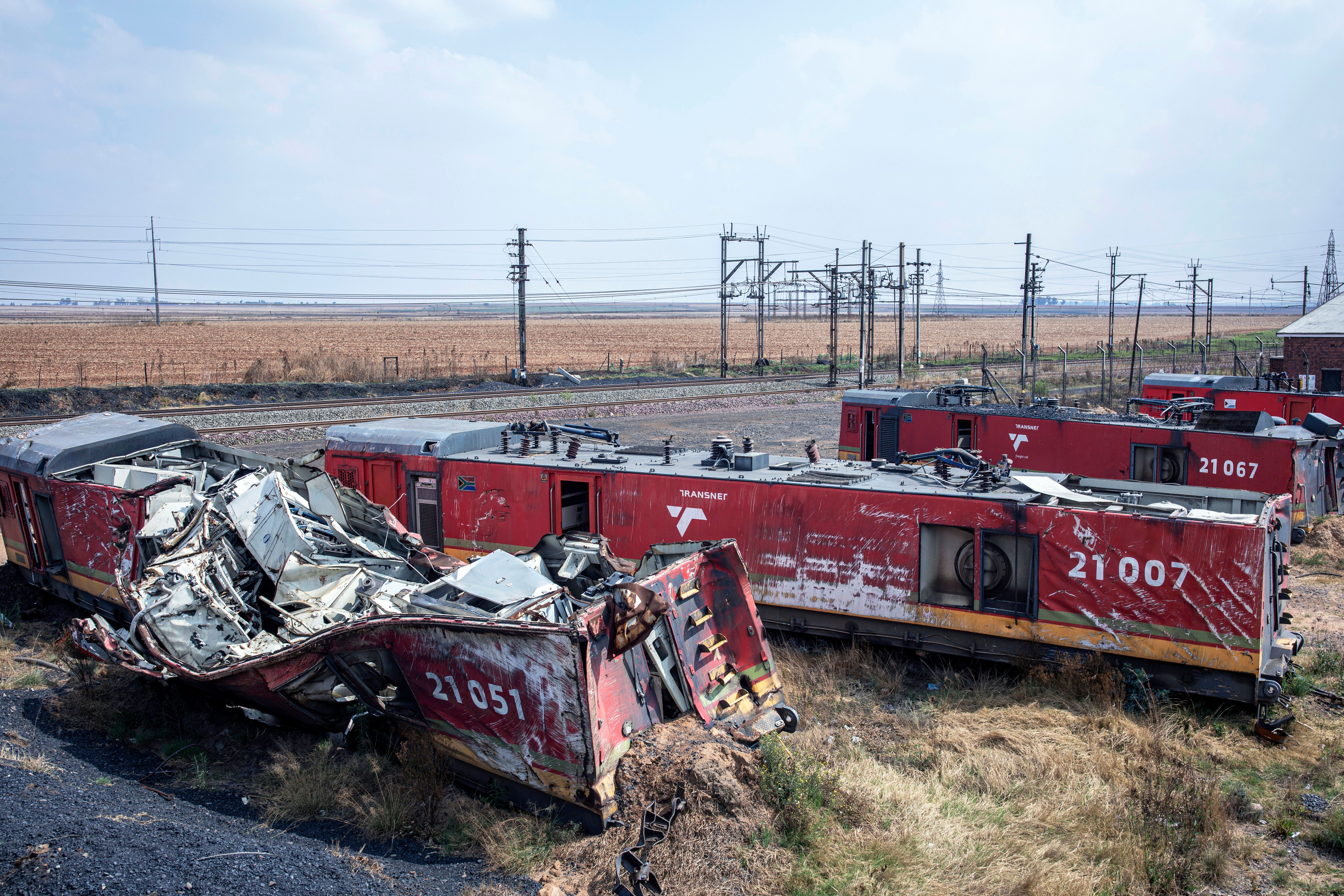 Trains sit next to railway tracks in Blinkpan, Mpumalanga Province.