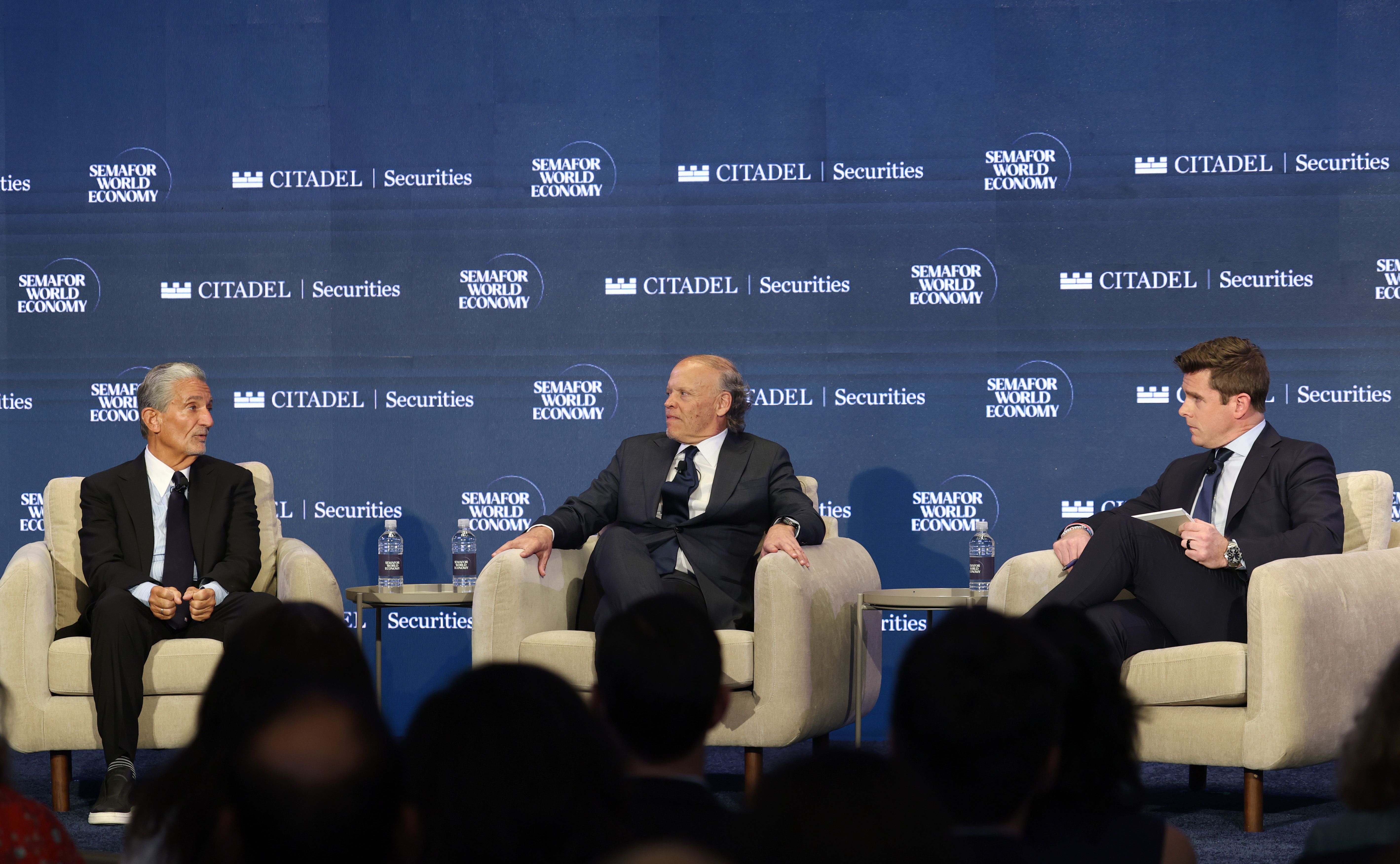 (L-R) Ted Leonsis (Founder, Chairman, Managing Partner, and CEO - Monumental Sports & Entertainment), Mark Ein (Founder & CEO - Capitol Investment Corp), and Phil Mattingly (Chief Domestic Correspondent and Anchor - CNN) speak on stage during Semafor World Economy 2026 on April 13, 2026.