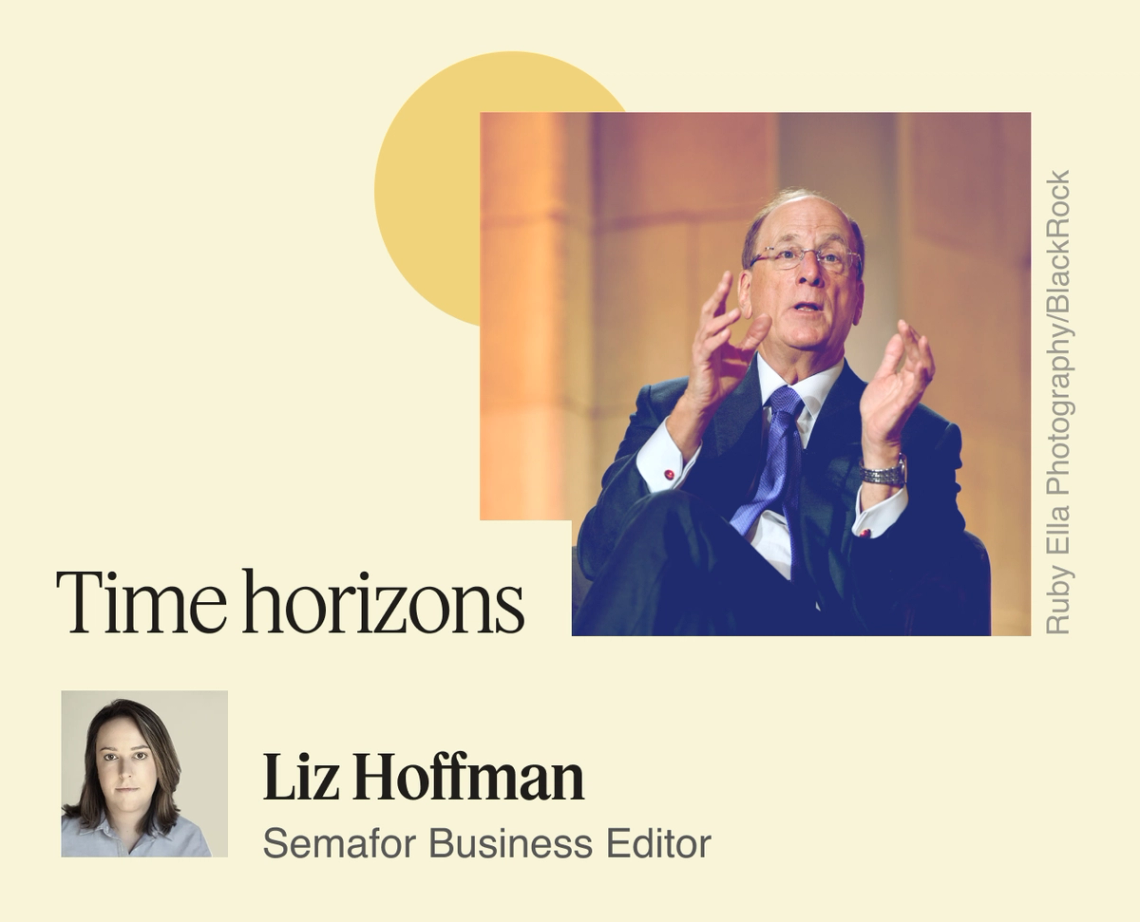 A graphic showing BlackRock’s CEO Larry Fink and the headline “Time Horizons.”