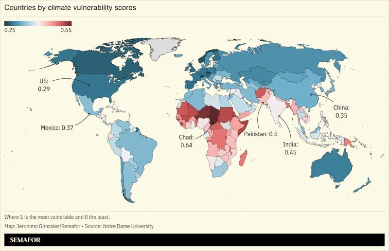 A map showing countries by their climate vulnerability scores