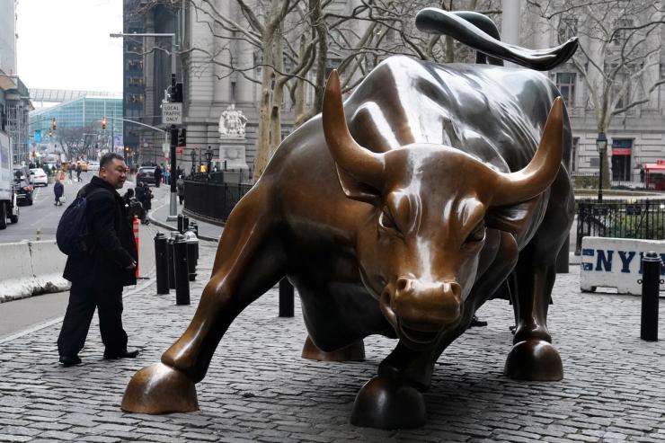 The Charging Bull or Wall Street Bull is pictured in the Manhattan borough of New York City.