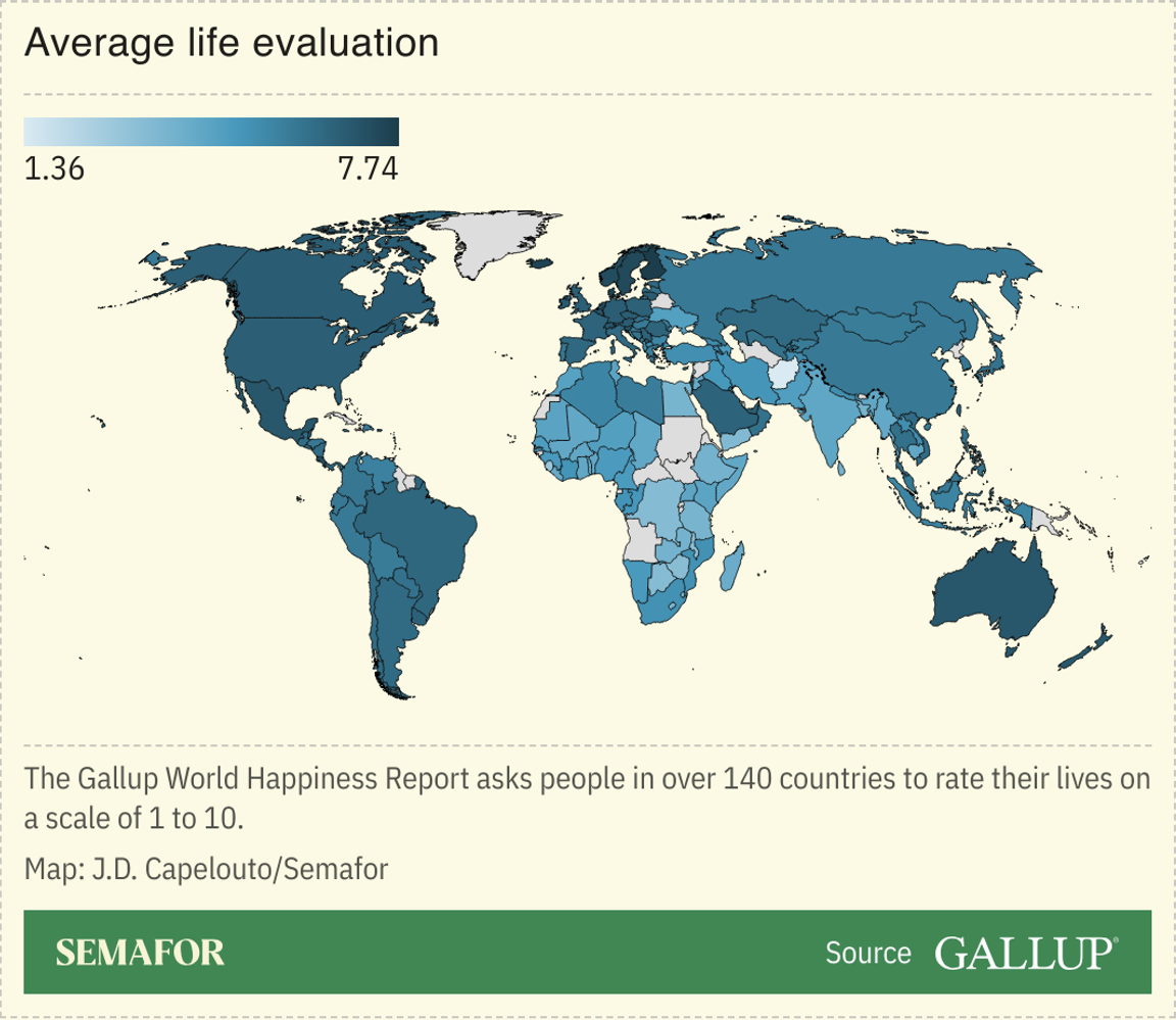 Semafor/Gallup world happiness choropleth map