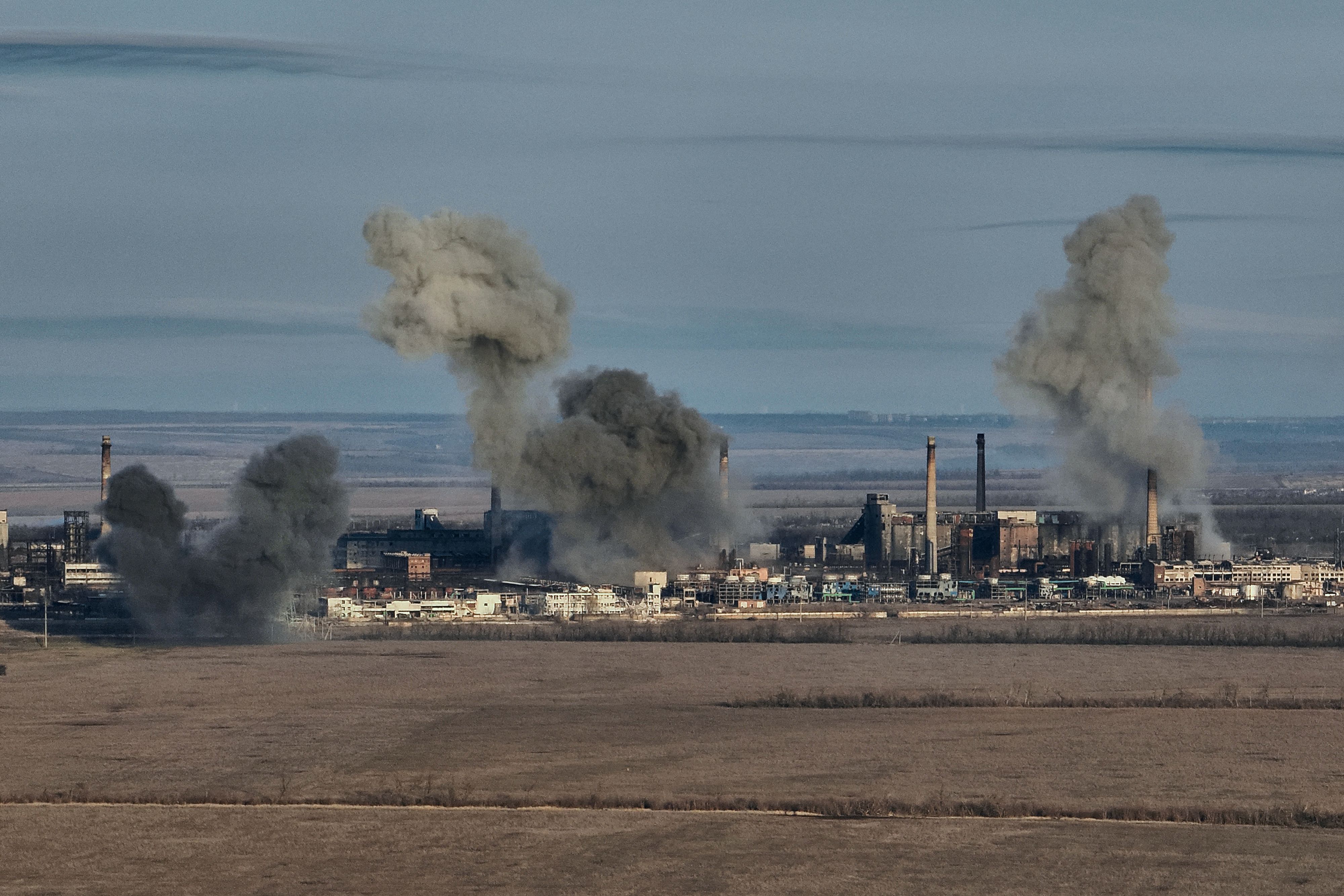 Smoke rises from the Avdiivka Coke and Chemical Plant on February 15, 2023 in Avdiivka district, Ukraine.