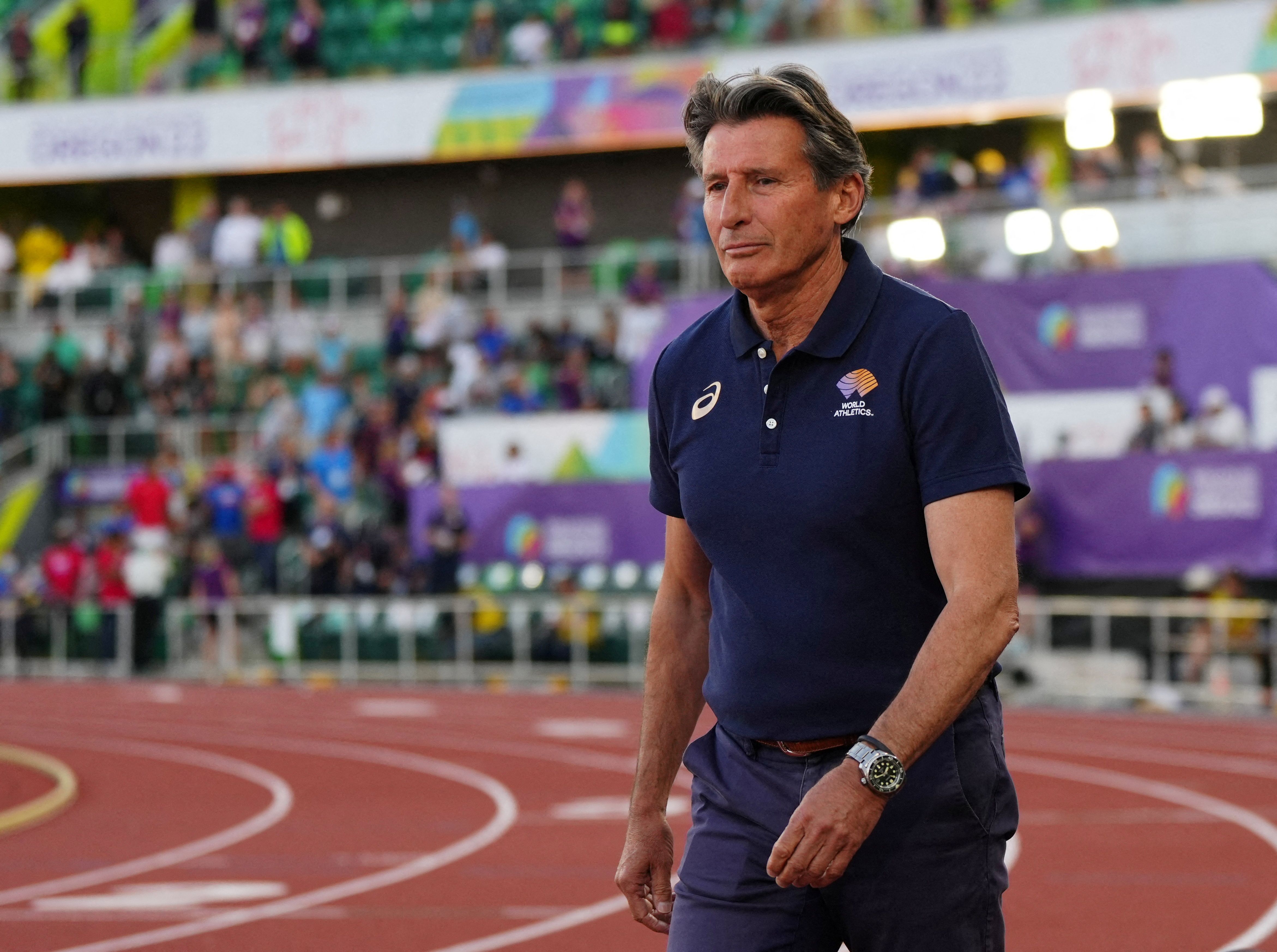 World Athletics President Sebastian Coe pictured trackside.