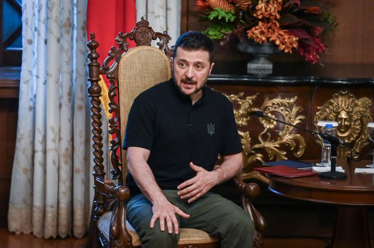 Ukrainian President Volodymyr Zelenskiy delivers opening remarks during a bilateral meeting with Philippine President Ferdinand “Bongbong” Marcos Jr. at the Malacanang Palace in Manila, Philippines, June 3, 2024. Jam Sta Rosa/POOL