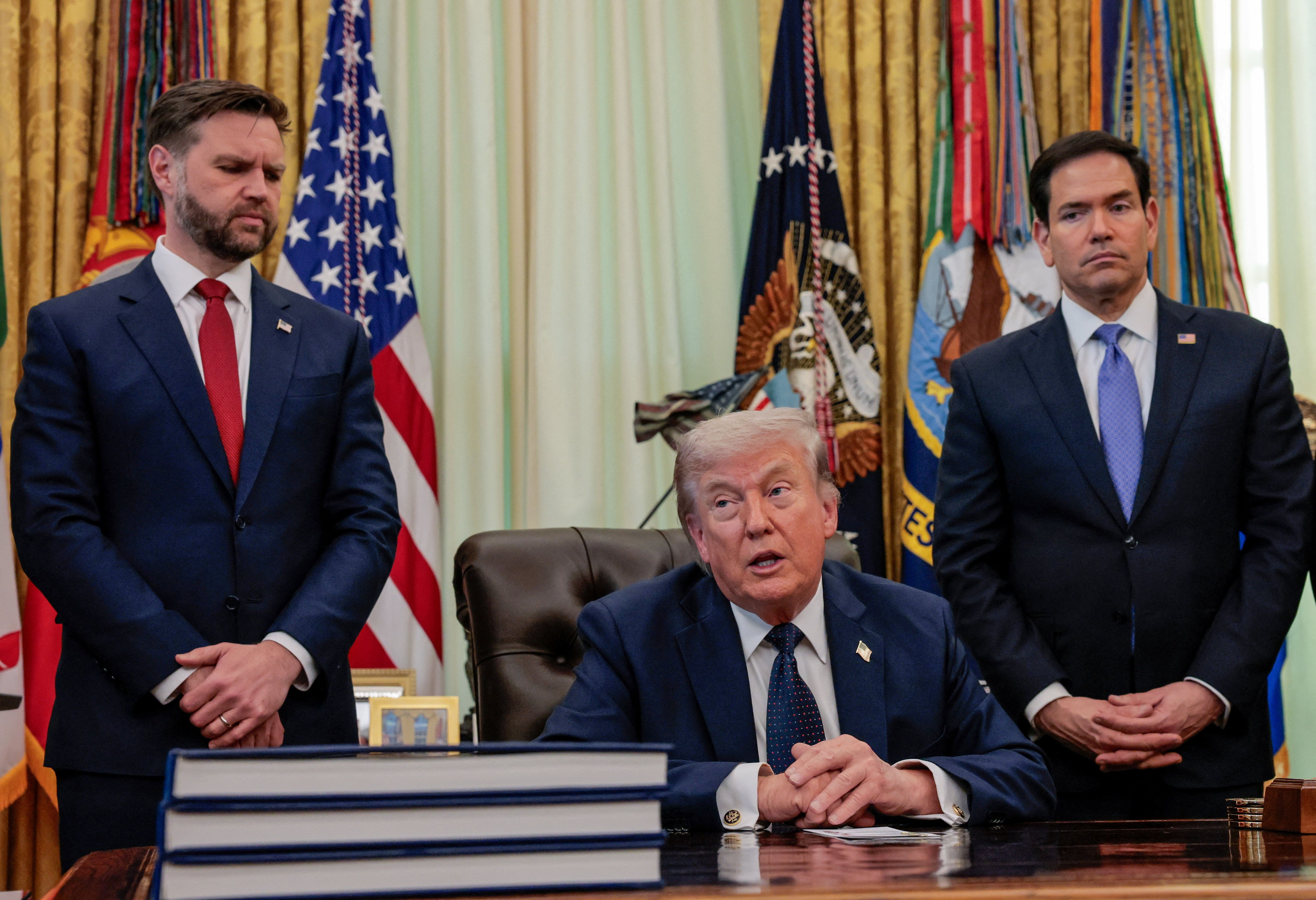 President Donald Trump with Vice President JD Vance and Secretary of State Marco Rubio