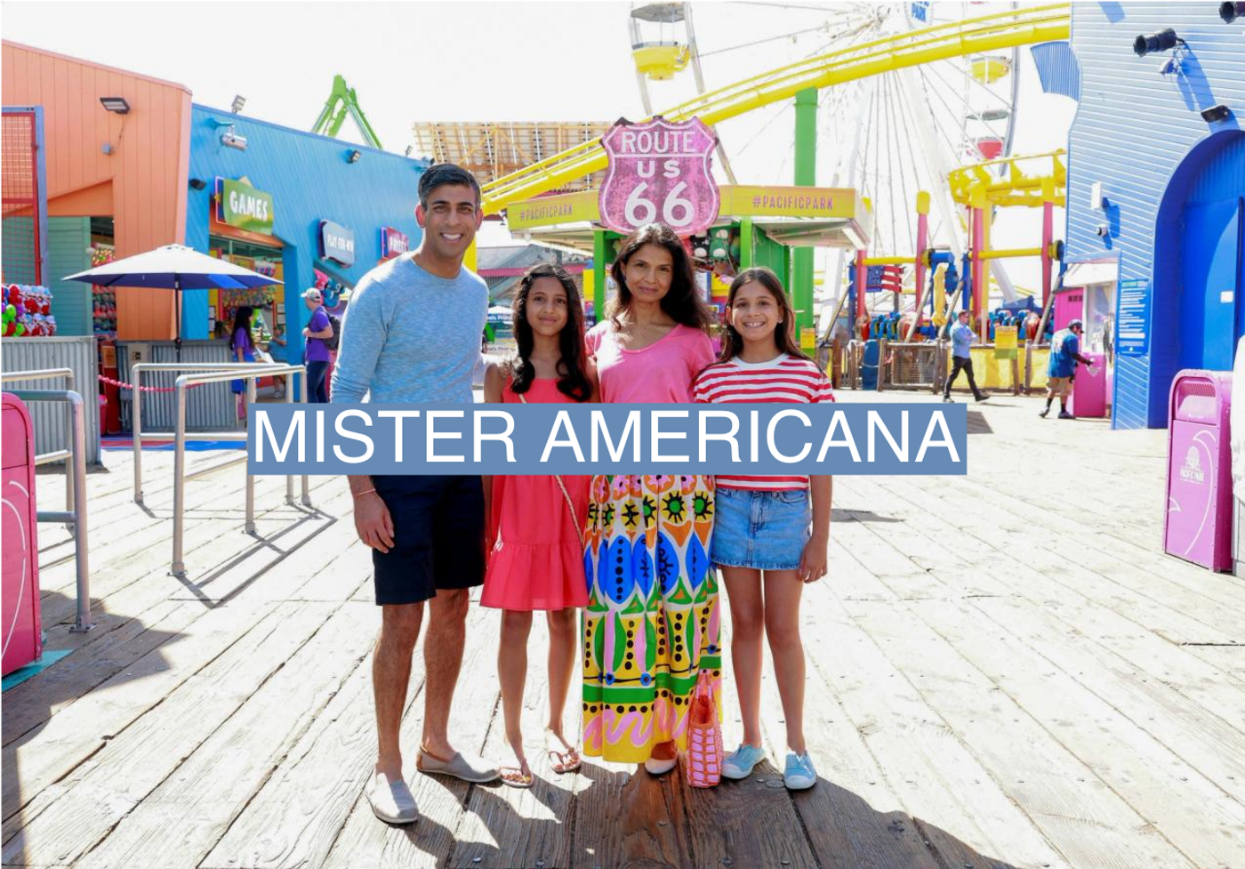 British Prime Minister Rishi Sunak, his wife Akshata Murty and his daughters pose for a photo at Santa Monica Pier in Santa Monica, California, August 3, 2023.