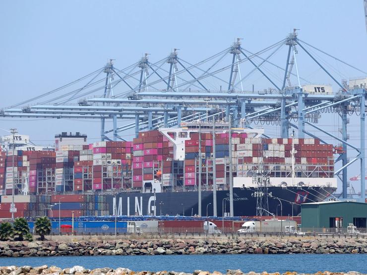 Shipping containers on a container ship at the Port of Long Beach, California.