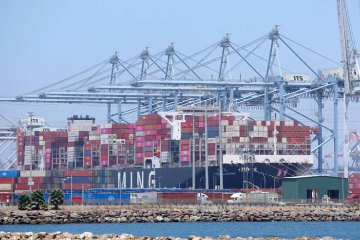 Shipping containers on a container ship at the Port of Long Beach, California.