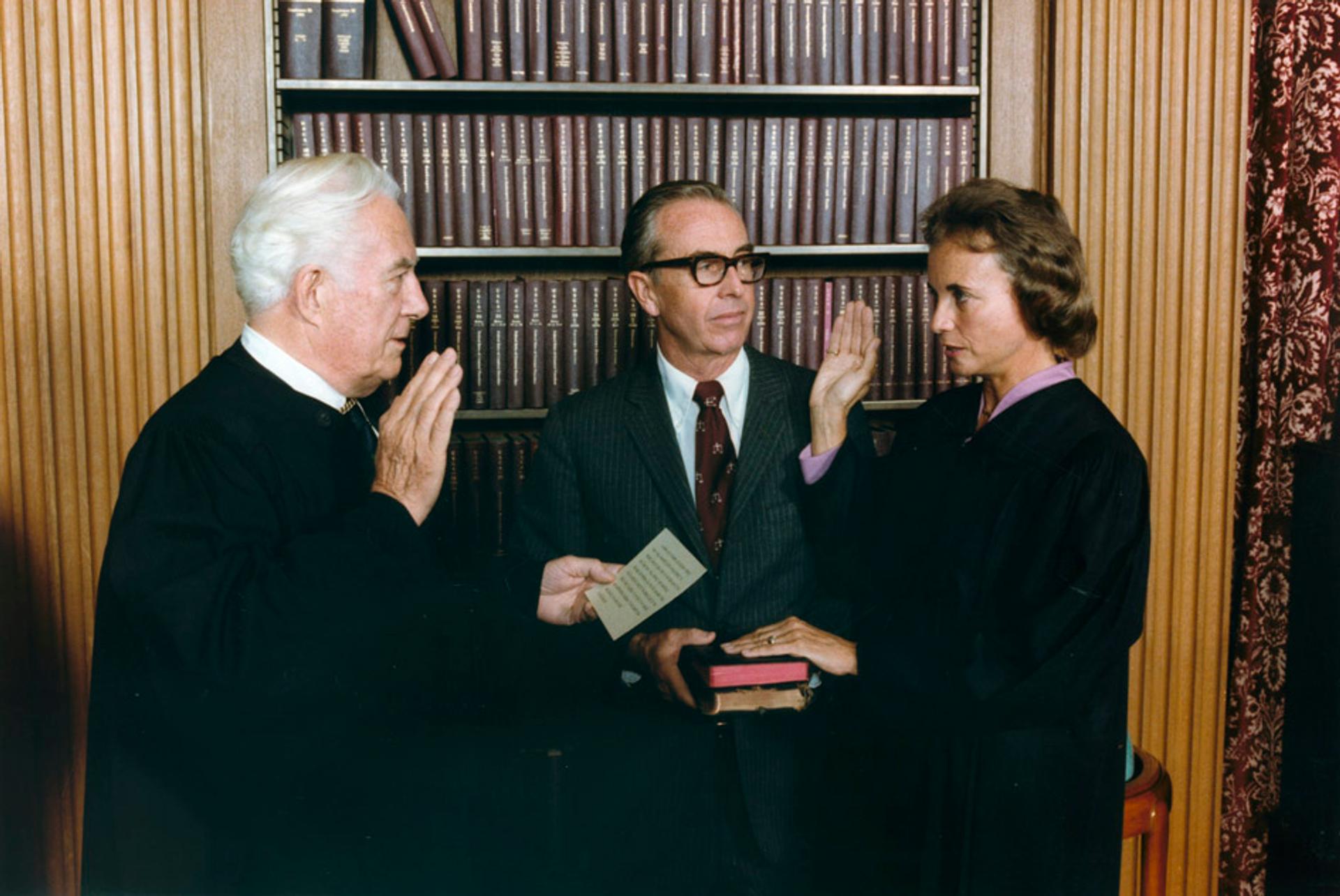 Sandra Day O'Connor is sworn in as a Supreme Court Justice by Chief Justice Warren Burger