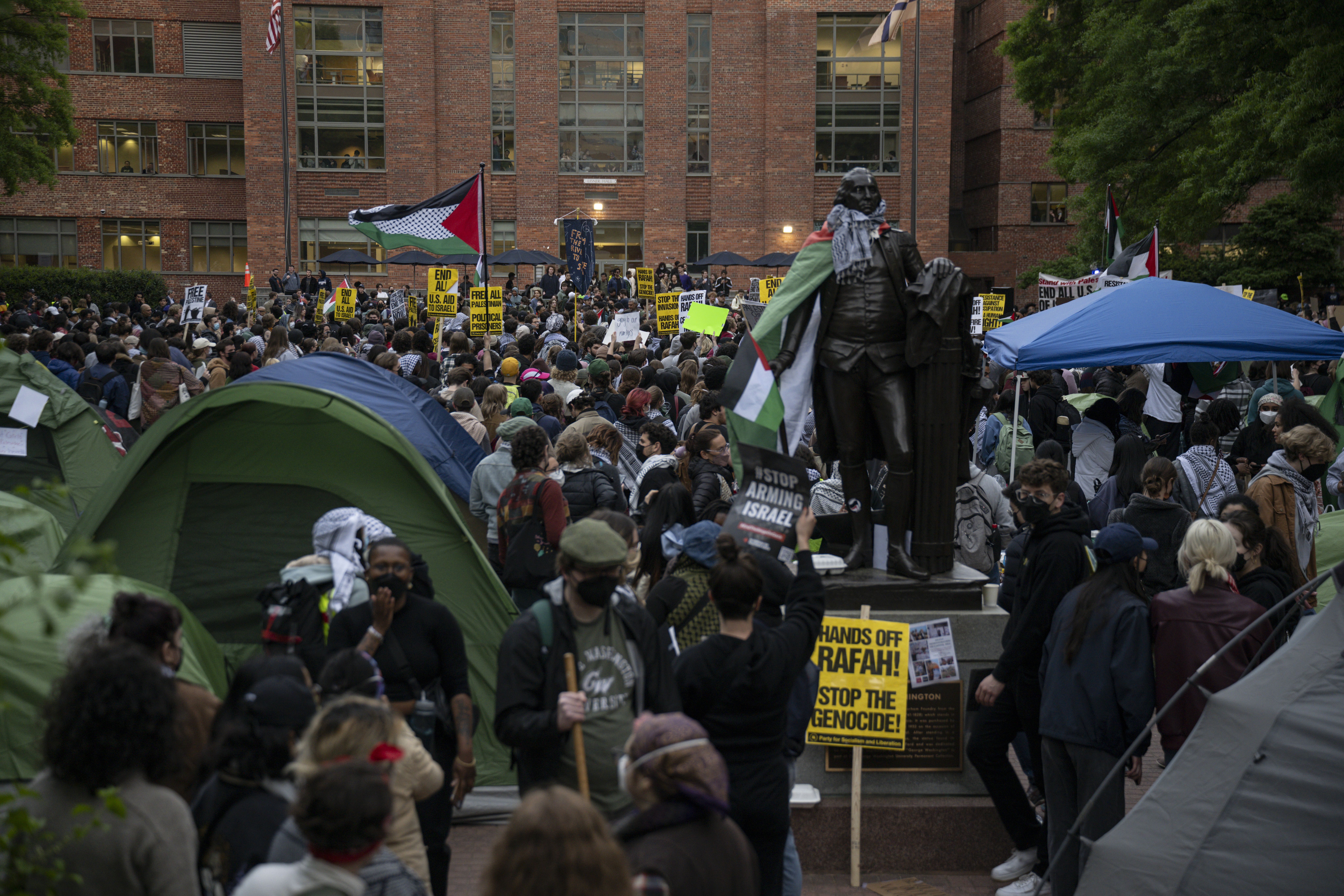 Students at George Washington University gather to protest against the war in Gaza and show support for Palestinians on April 25, 2024.