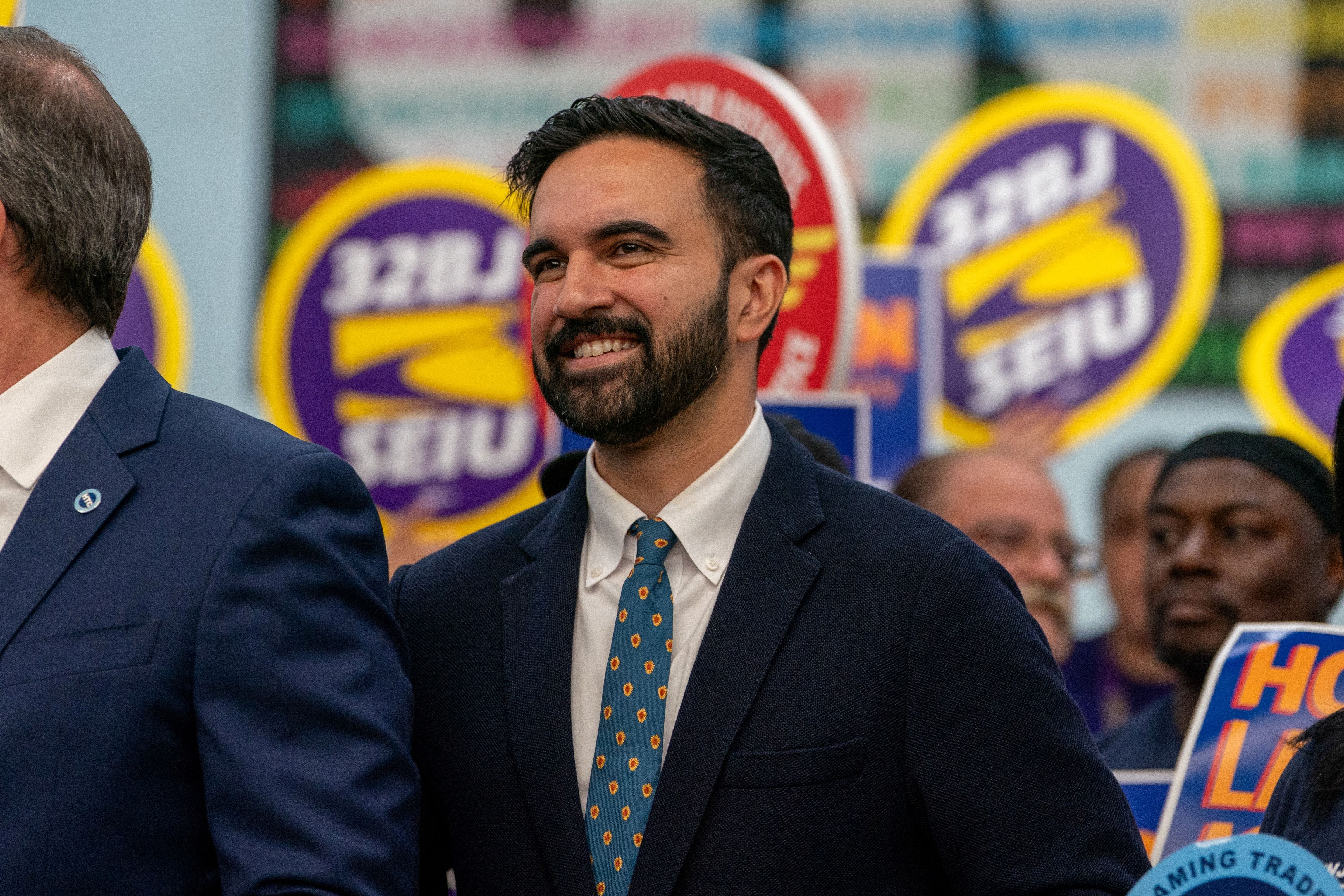 Zohran Mamdani attends a press conference with union leaders and supporters, in New York City.