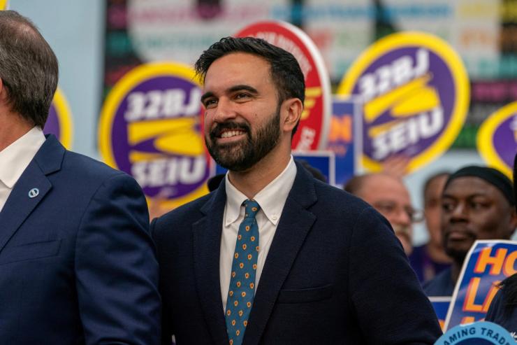 Zohran Mamdani attends a press conference with union leaders and supporters, in New York City.