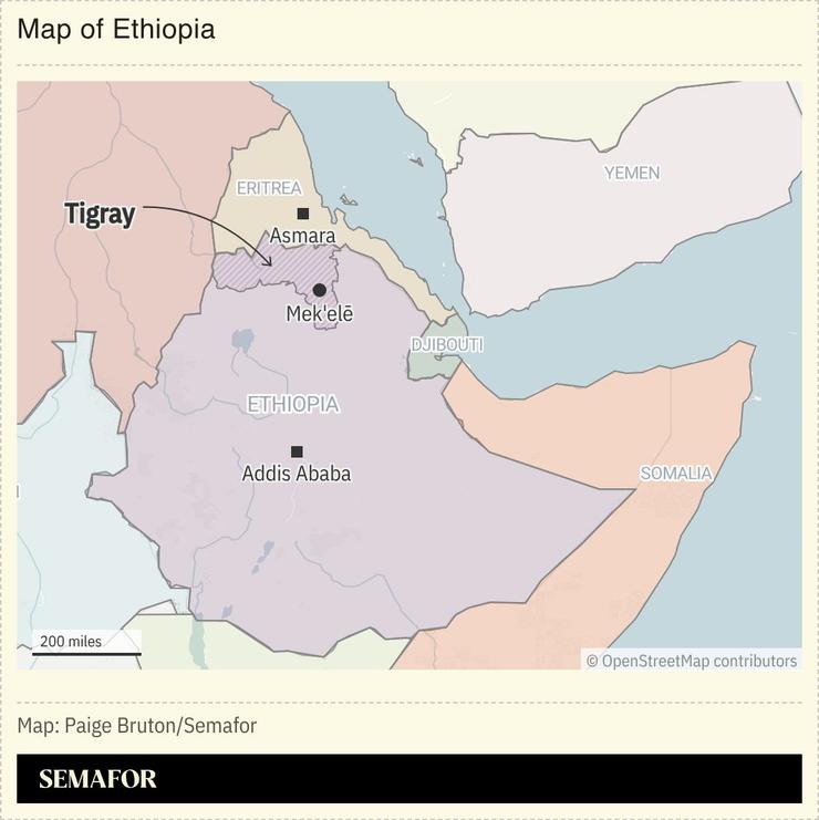 A map of the Horn of Africa, highlighting Ethiopia’s Tigray region.