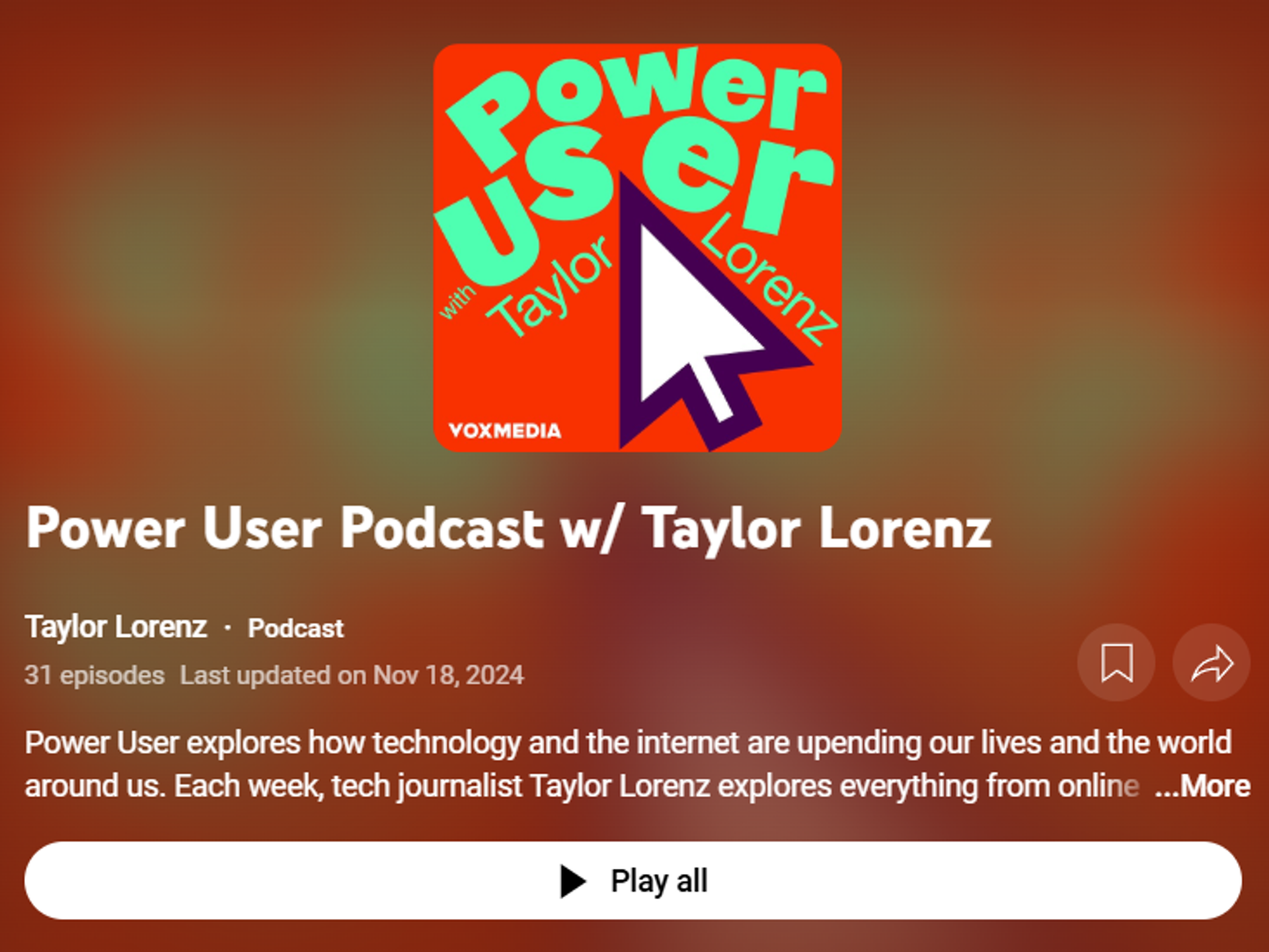 A screenshot of a YouTube playlist promoting Lorenz’s “Power User” show, with Vox Media’s branding still visible