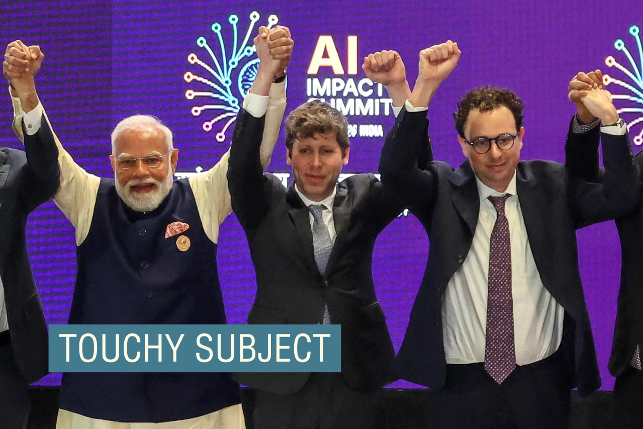 Dario Amodei and Sam Altman refusing to hold hands at an AI Summit.