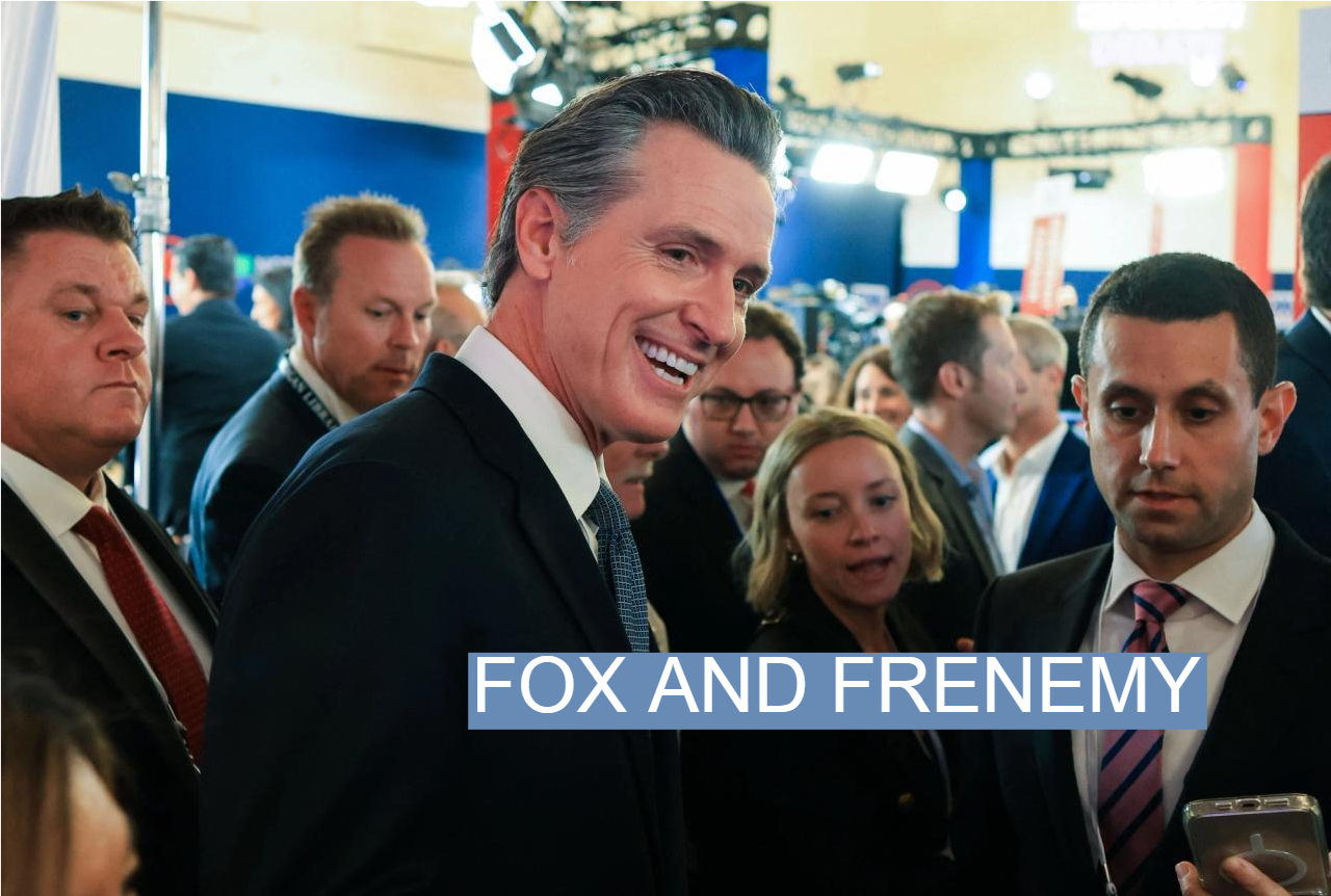California Gov. Gavin Newsom talks with reporters following Wednesday’s GOP presidential primary debate in Simi Valley.