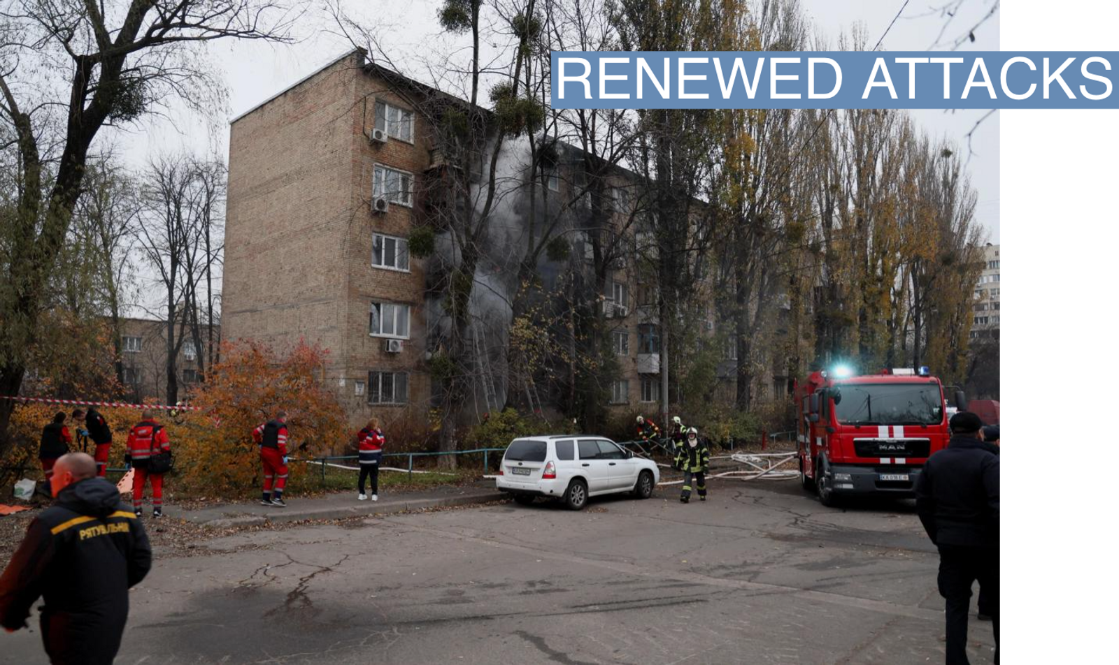 Firefighters work to put out a fire in a residential building hit by a Russian strike, amid Russia's attack on Ukraine, in Kyiv, Ukraine November 15, 2022.