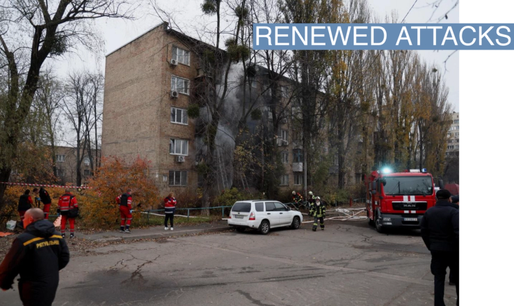 Firefighters work to put out a fire in a residential building hit by a Russian strike, amid Russia’s attack on Ukraine, in Kyiv, Ukraine November 15, 2022.