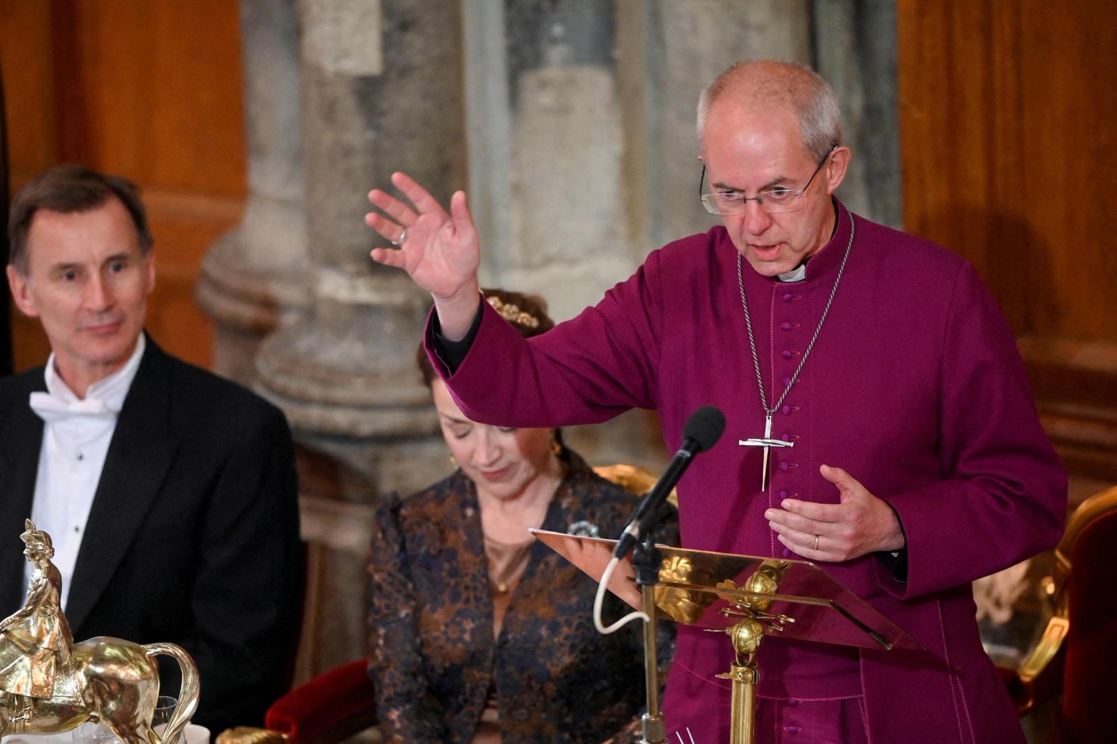 Archbishop of Canterbury Justin Welby delivers a speech during the annual Lord Mayor's Banquet at Guildhall, in London.