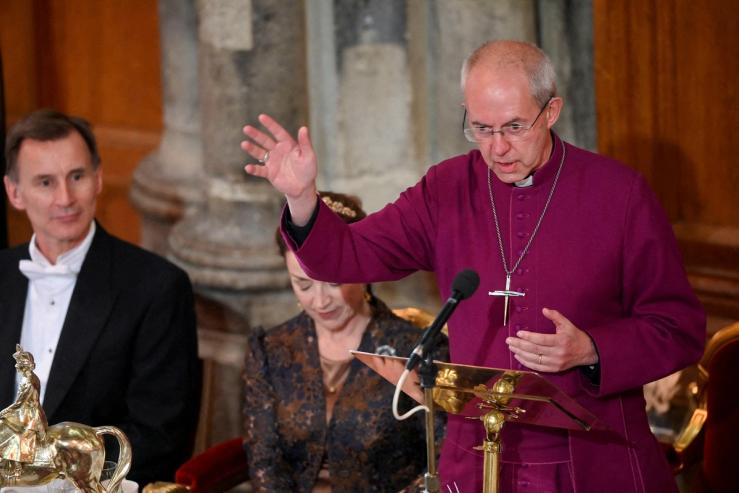 Archbishop of Canterbury Justin Welby delivers a speech during the annual Lord Mayor’s Banquet at Guildhall, in London.
