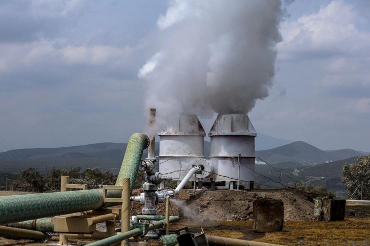 A geothermal wellhead station at the Olkaria geothermal complex.