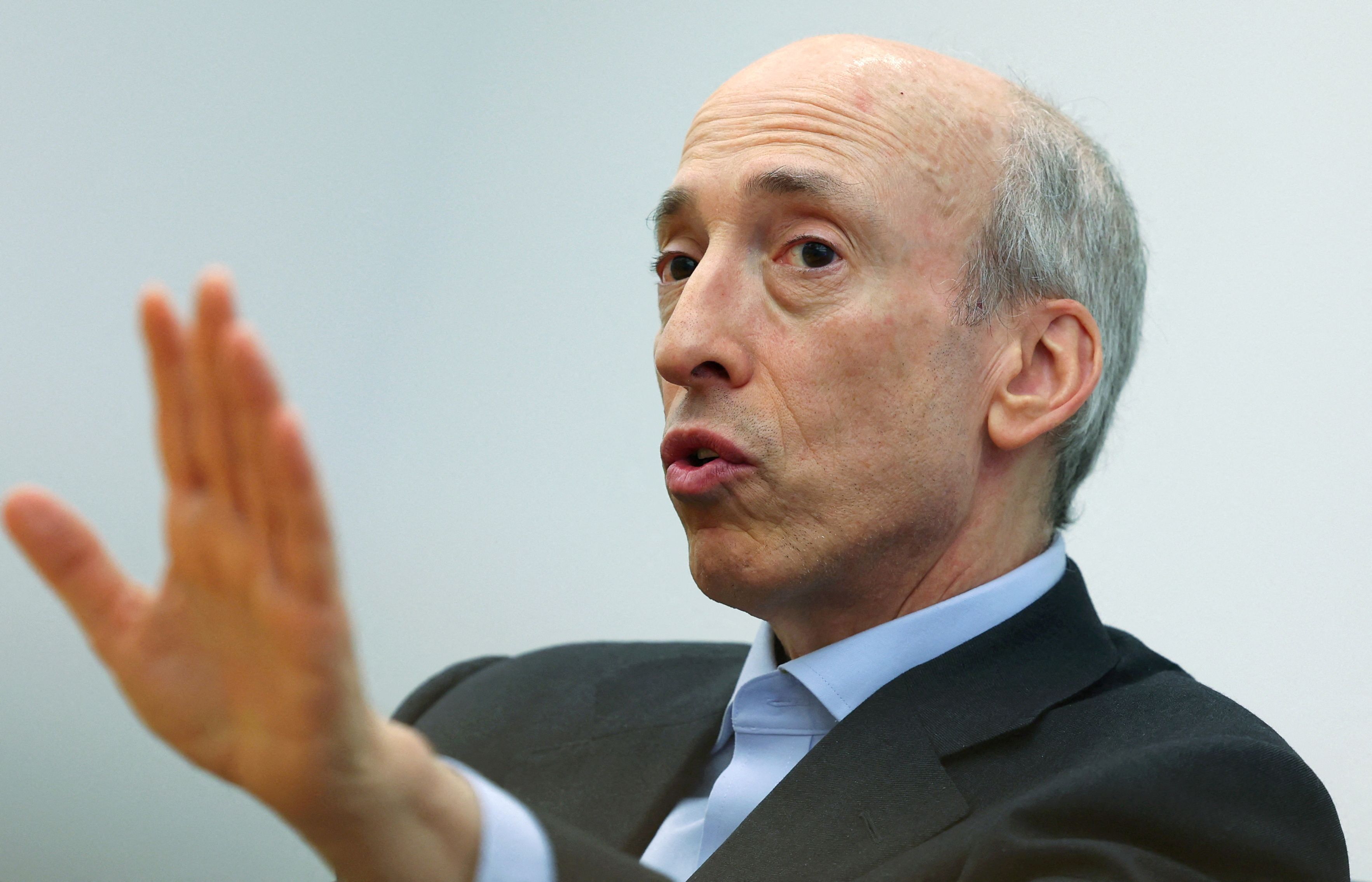 Gary Gensler gestures during an interview with Reuters in New York City in June