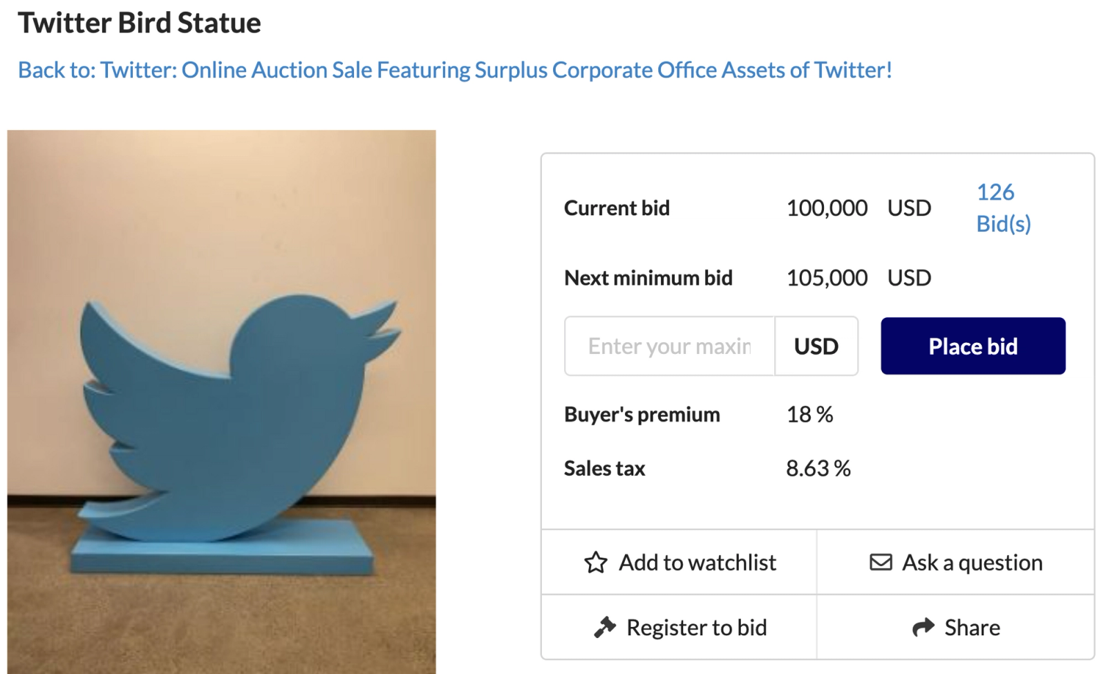 A screenshot of the auction page for the bird statue.