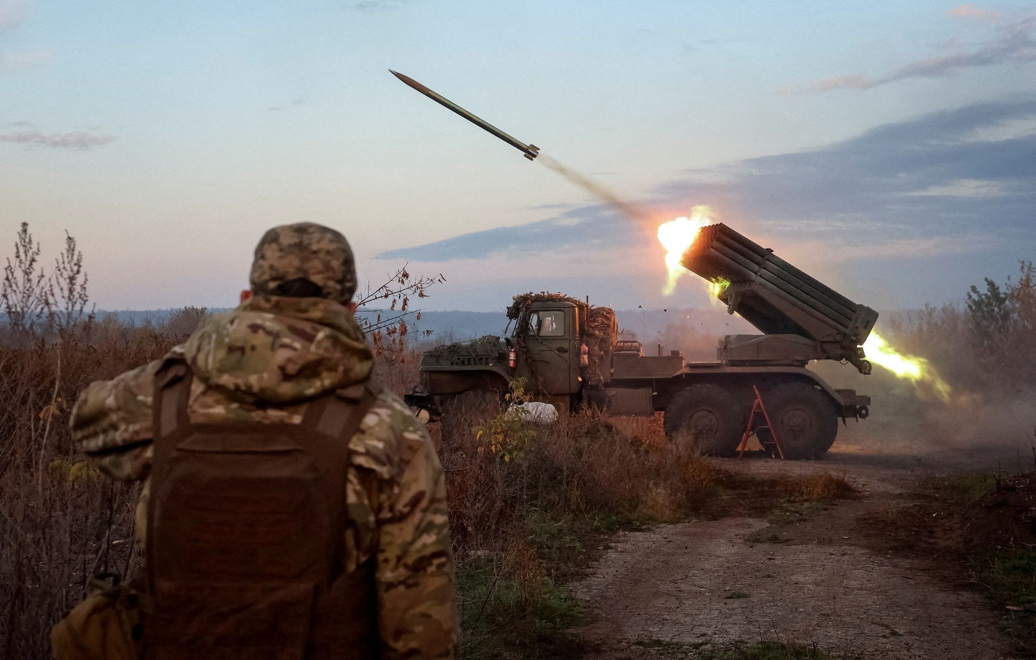 	Ukrainian servicemen fire a Grad MLRS towards Russian troops near the frontline town of Kostiantynivka