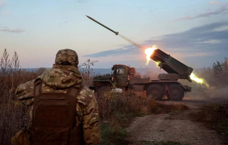 Ukrainian servicemen fire a Grad MLRS towards Russian troops near the frontline town of Kostiantynivka