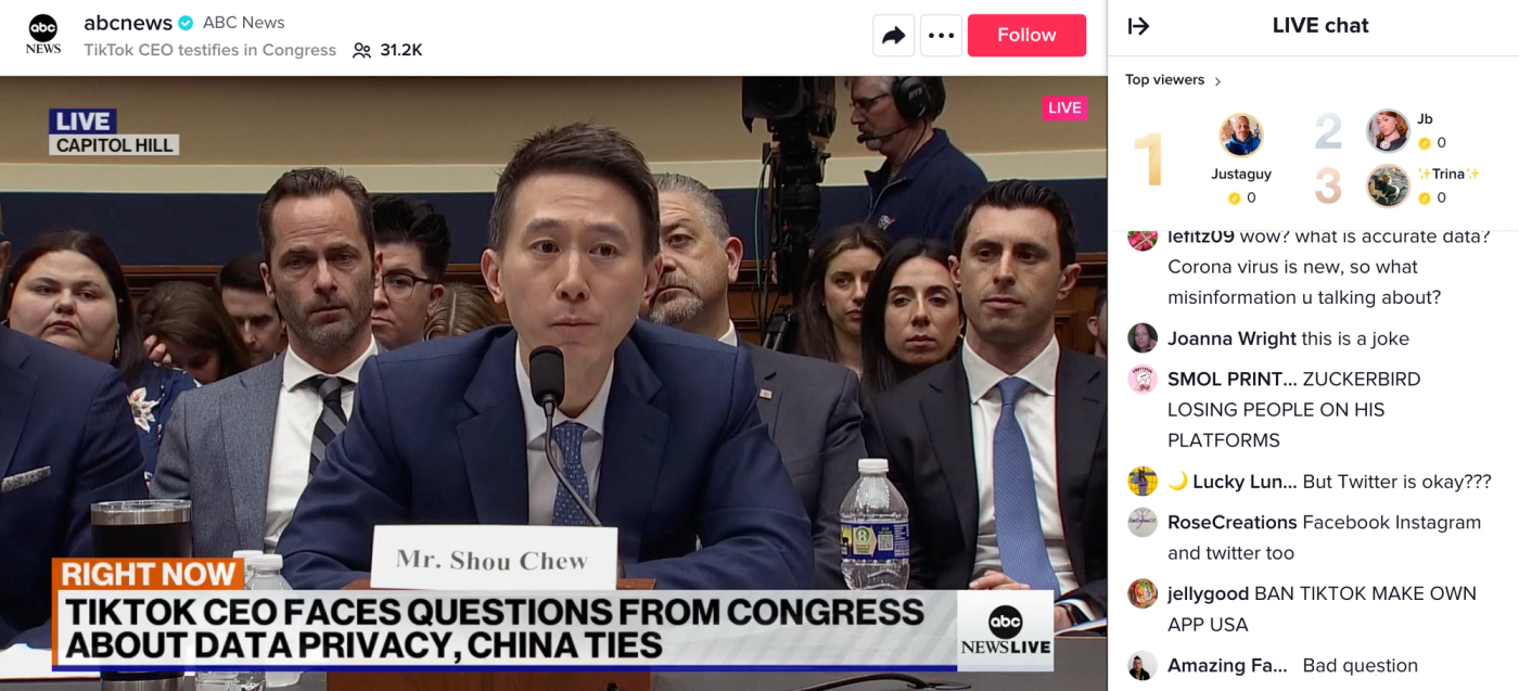 A screenshot of the ABC News live stream of Chew's testimony.
