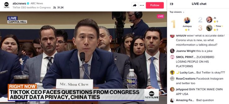 A screenshot of the ABC News live stream of Chew’s testimony.