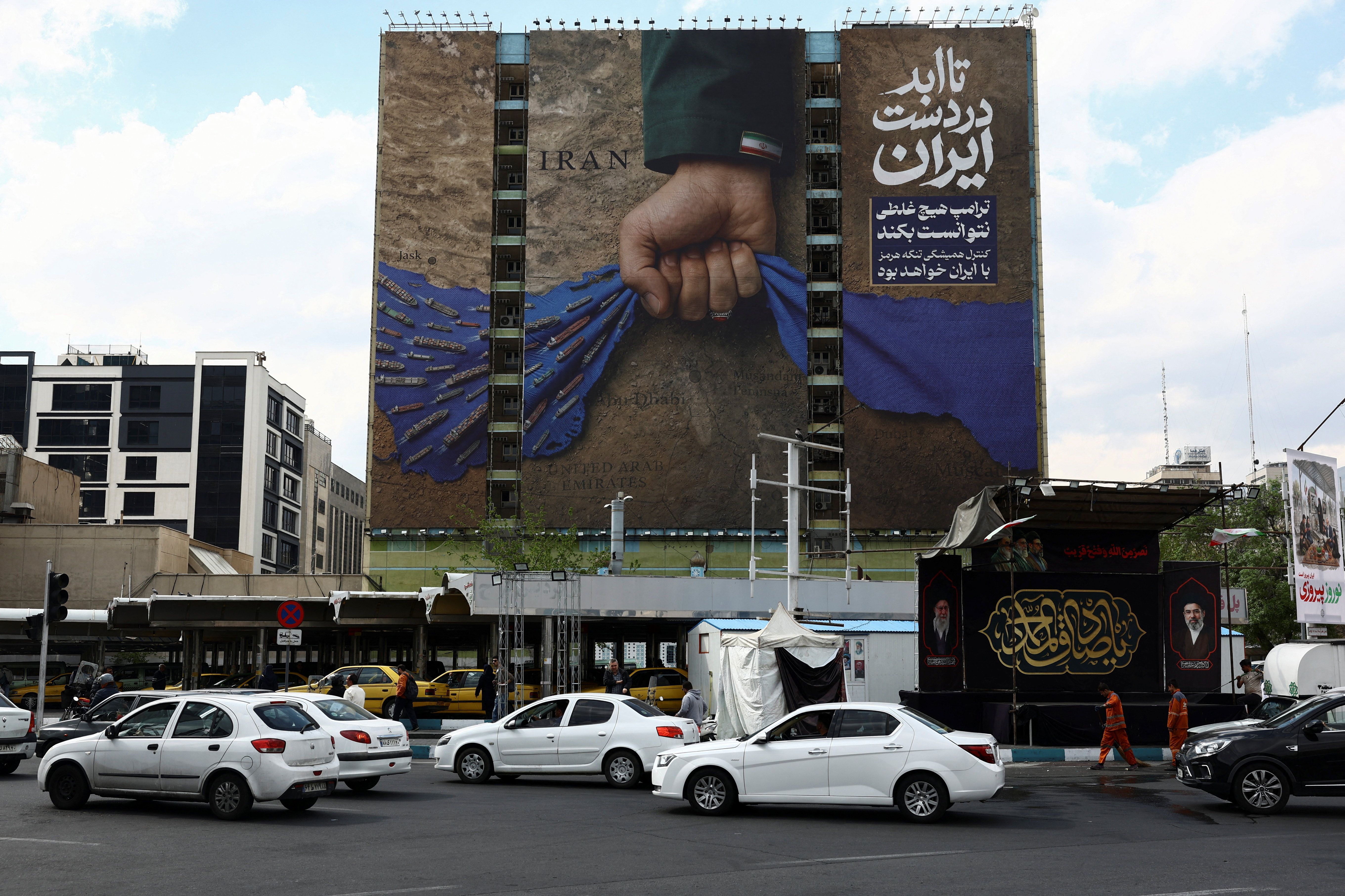 A billboard with a design about the Strait of Hormuz on a building in Tehran