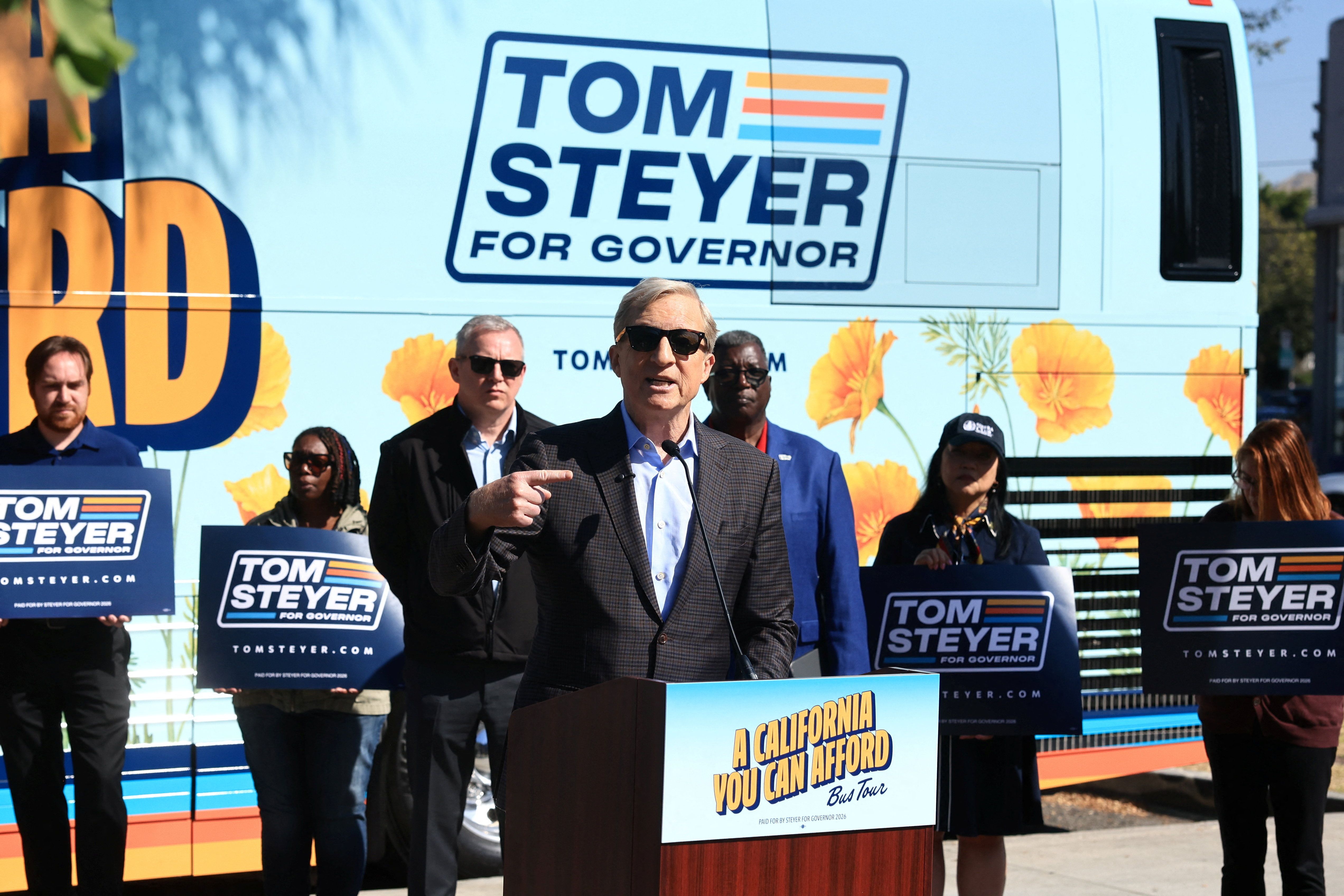 Tom Steyer, candidate for California governor, speaks at a press conference at Pan Pacific Park in Los Angeles, California, U.S., May 7, 2026.