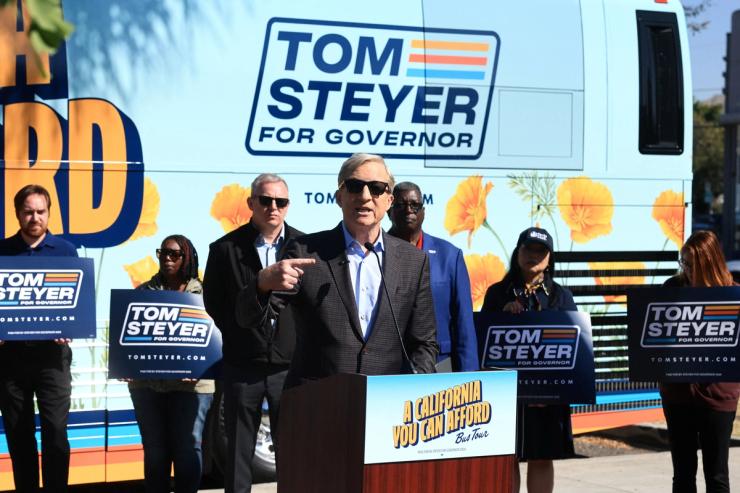 Tom Steyer, candidate for California governor, speaks at a press conference at Pan Pacific Park in Los Angeles, California, U.S., May 7, 2026.