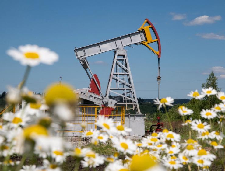 An oil pump jack outside Almetyevsk, in the Republic of Tatarstan, Russia.