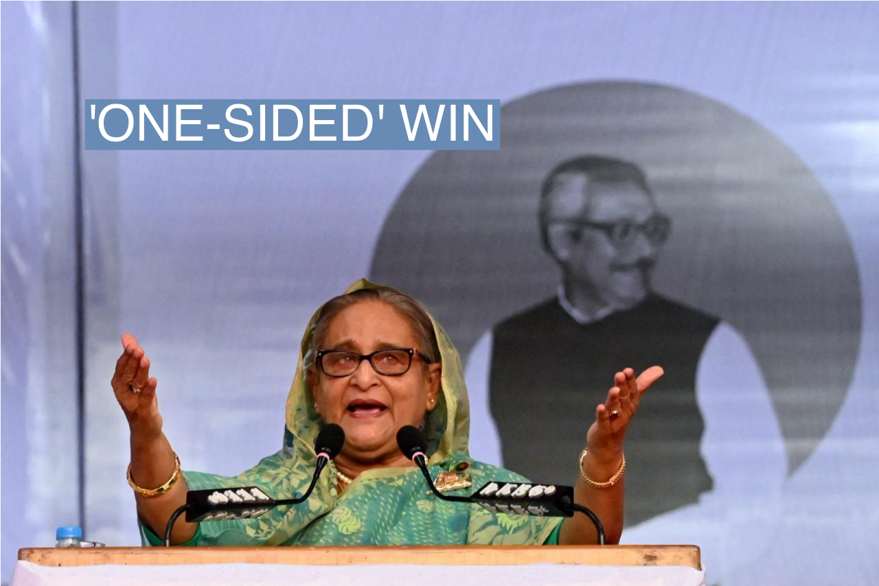 Bangladesh’s Prime Minister Sheikh Hasina addresses a rally during an election campaign in Sylhet on December 20, 2023, ahead of the general elections. 