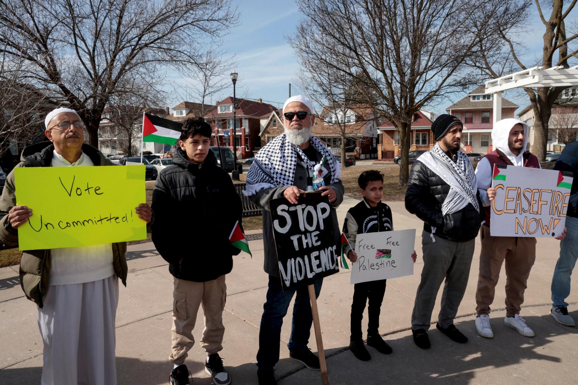 Supporters of the campaign to vote "Uncommitted" hold a rally in support of Palestinians in Gaza, ahead of Michigan's Democratic presidential primary election on Feb. 25, 2024.