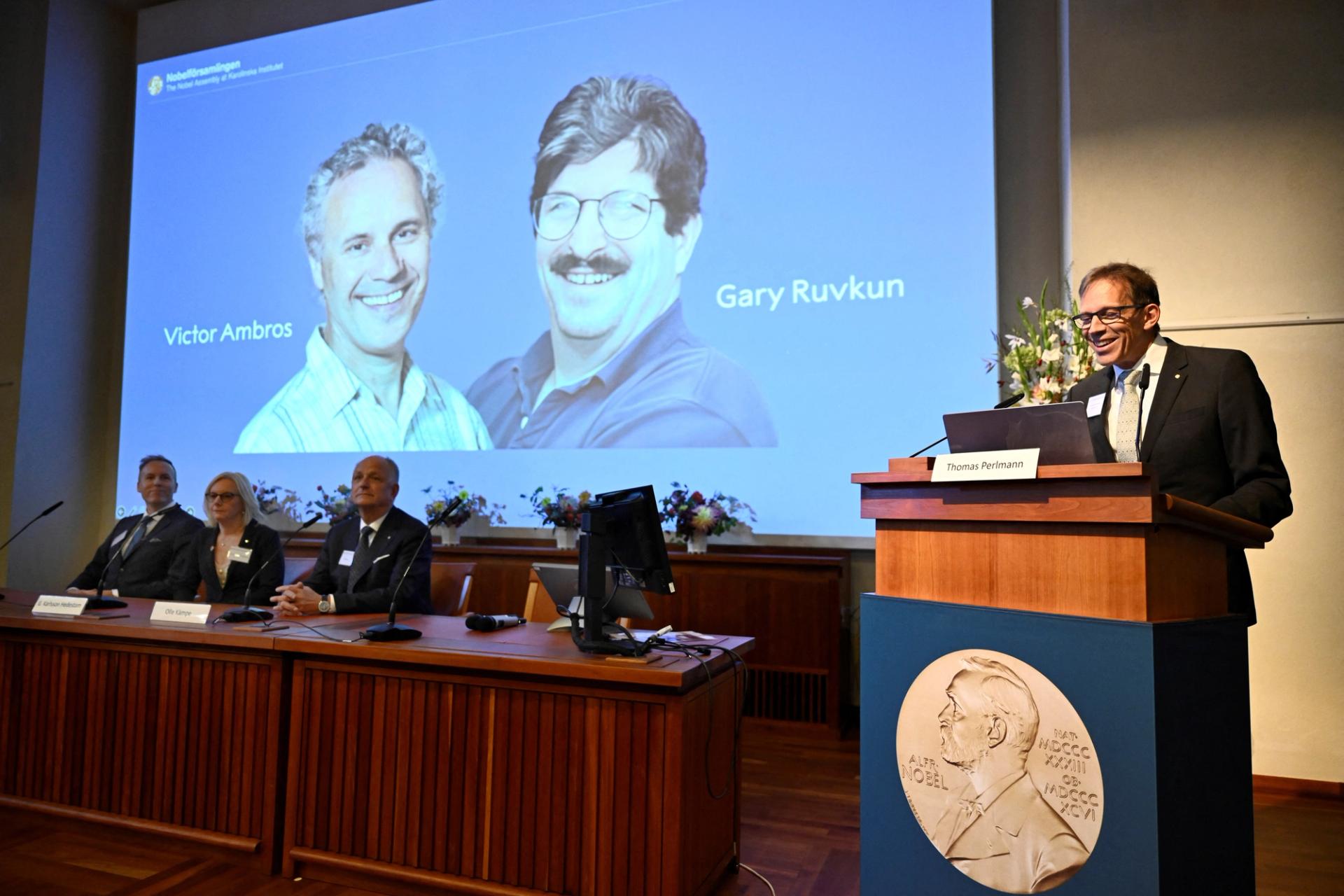 Thomas Perlmann, secretary of the Nobel Assembly and the Nobel Committee, speaks as Victor Ambros and Gary Ruvkun are awarded this year's Nobel Prize in Physiology or Medicine, which was announced during a press conference in Stockholm